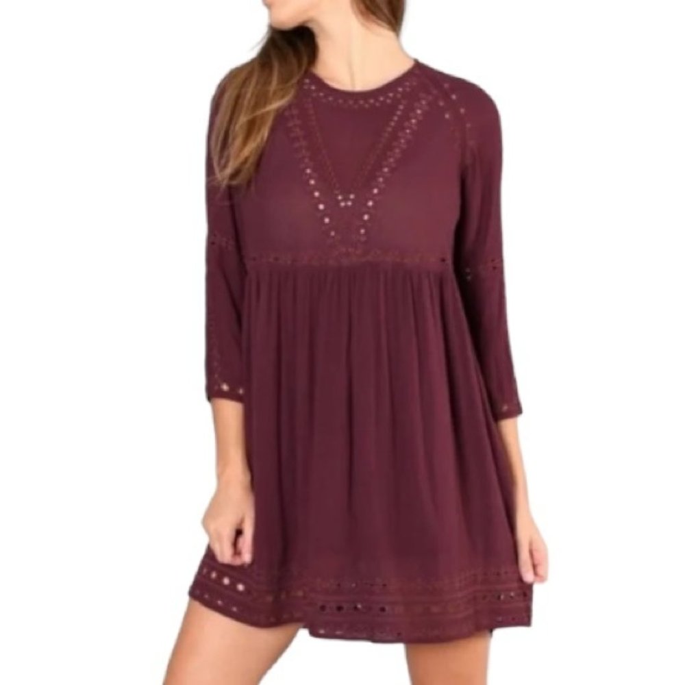Aritzia Wilfred Loisel Burgundy Eyelet Smock Long Sleeve Dress